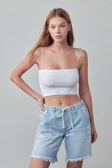 Elastic Waist Drawstring Light Wash Denim Shorts