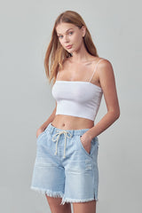 Elastic Waist Drawstring Light Wash Denim Shorts