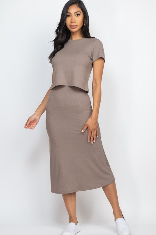 High Stretch Ribbed Solid Top & Midi Skirt Set