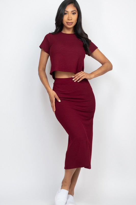 High Stretch Ribbed Solid Top & Midi Skirt Set