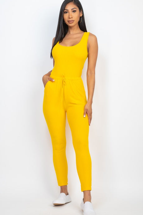 Ribbed Sleeveless Drawstring Catsuits Jumpsuit