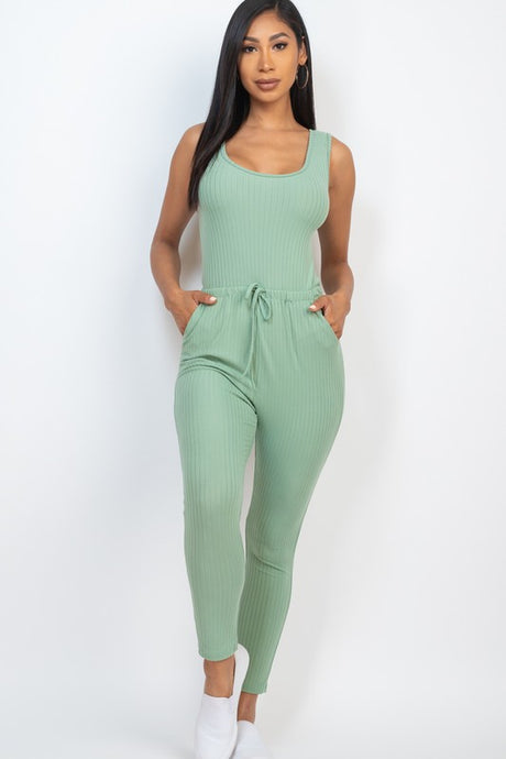 Ribbed Sleeveless Drawstring Catsuits Jumpsuit