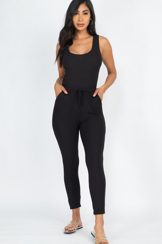 Ribbed Sleeveless Drawstring Catsuits Jumpsuit