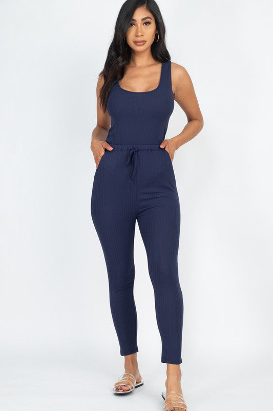 Ribbed Sleeveless Drawstring Catsuits Jumpsuit