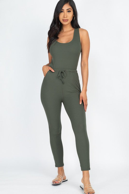 Ribbed Sleeveless Drawstring Catsuits Jumpsuit