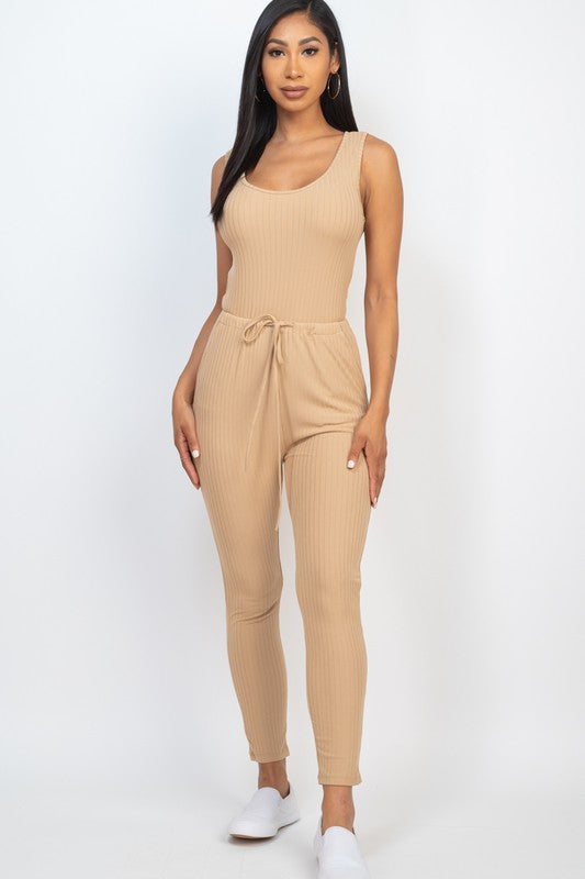 Ribbed Sleeveless Drawstring Catsuits Jumpsuit