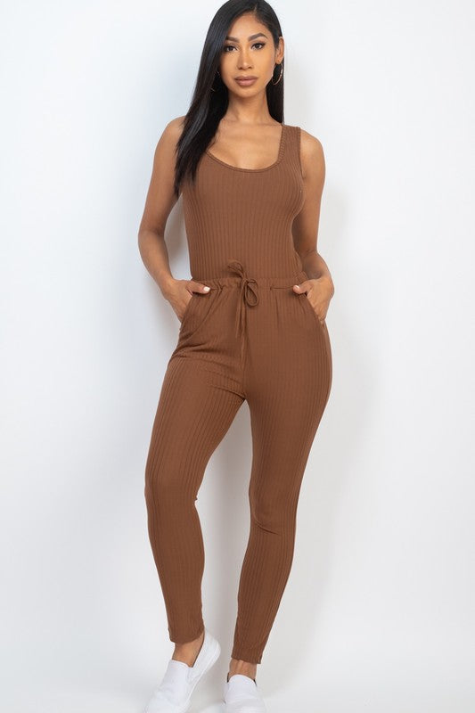 Ribbed Sleeveless Drawstring Catsuits Jumpsuit