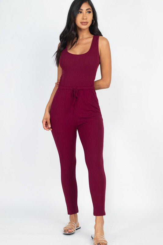 Ribbed Sleeveless Drawstring Catsuits Jumpsuit