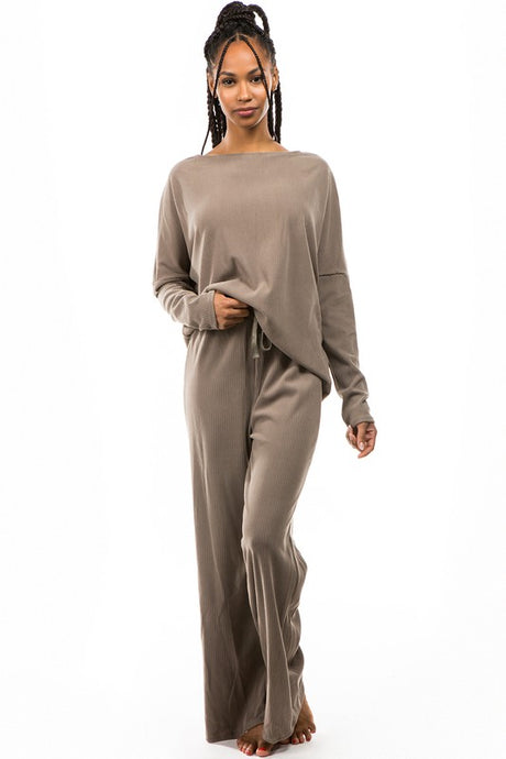 Khaki Ribbed Two Piece Lounge Pant Set king-general-store-5710.myshopify.com