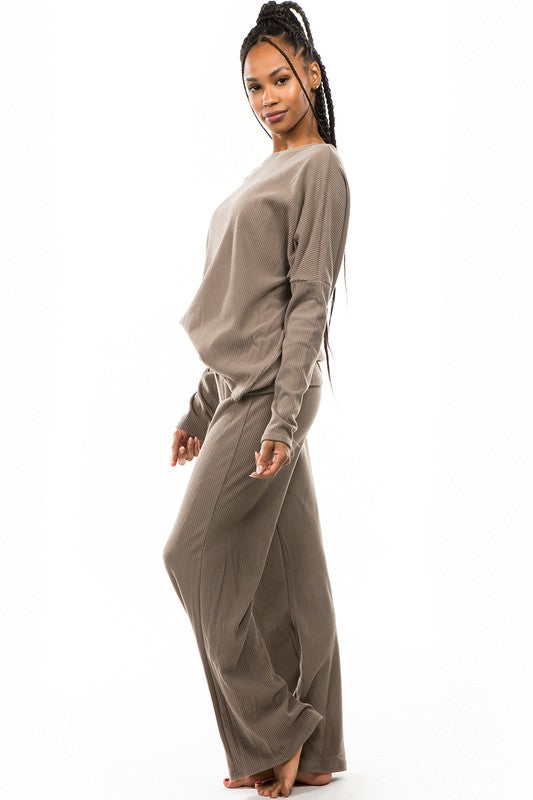 Khaki Ribbed Two Piece Lounge Pant Set king-general-store-5710.myshopify.com