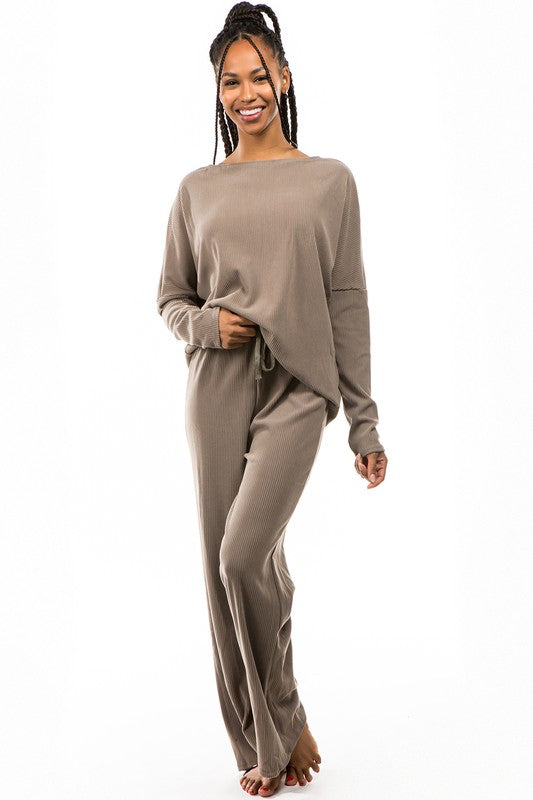 Khaki Ribbed Two Piece Lounge Pant Set king-general-store-5710.myshopify.com