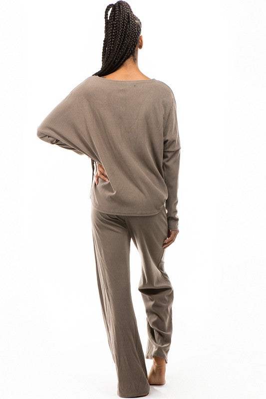 Khaki Ribbed Two Piece Lounge Pant Set king-general-store-5710.myshopify.com