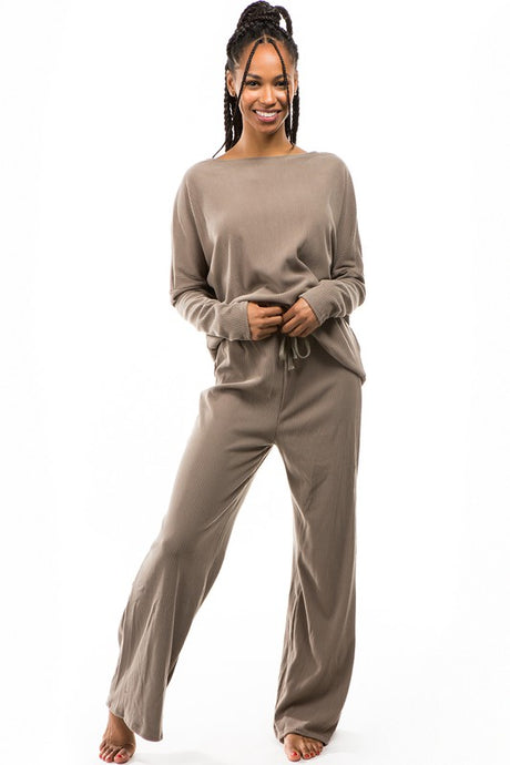 Khaki Ribbed Two Piece Lounge Pant Set king-general-store-5710.myshopify.com