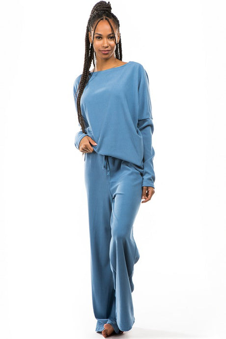 Blue Ribbed Two Piece Lounge Pant Set king-general-store-5710.myshopify.com