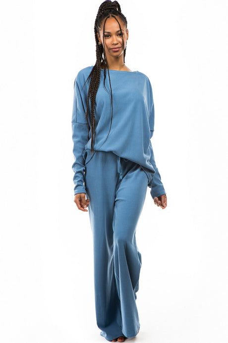 Blue Ribbed Two Piece Lounge Pant Set king-general-store-5710.myshopify.com