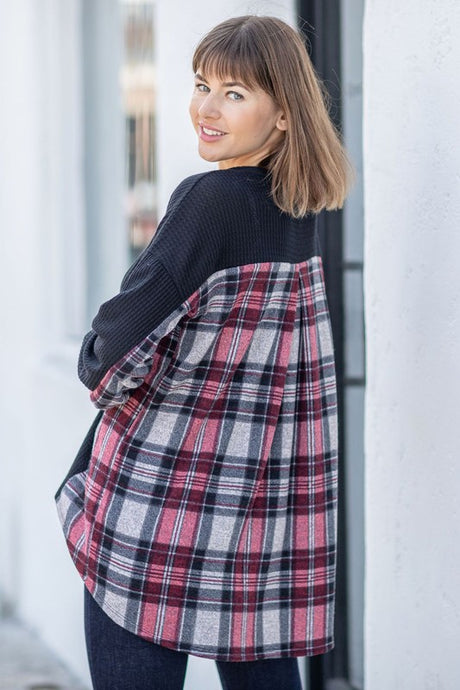 Plaid Back Waffle Knit  Cardigan king-general-store-5710.myshopify.com