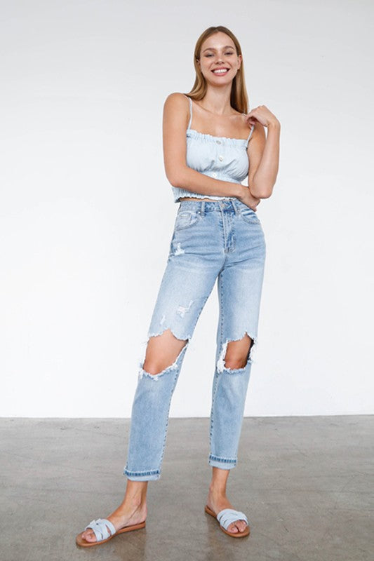 High Waist Destroyed Hem Boyfriend Jeans