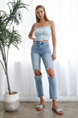 High Waist Destroyed Hem Boyfriend Jeans