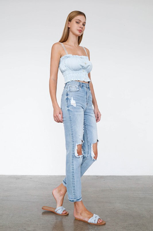 High Waist Destroyed Hem Boyfriend Jeans