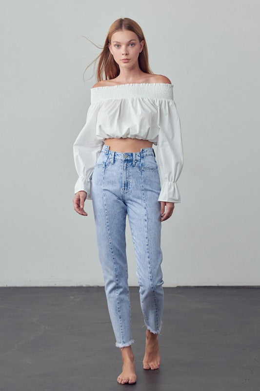 High Waist Frayed Tapered Jeans