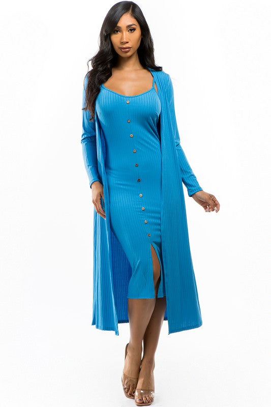 Blue Front Button Midi Dress with Cover Up king-general-store-5710.myshopify.com