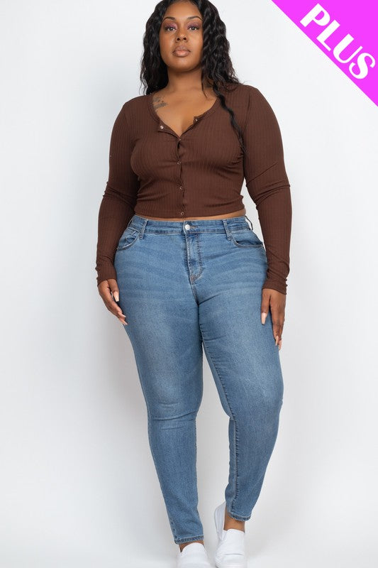 Plus Size Long Sleeve Snap Button Down Crop Top king-general-store-5710.myshopify.com