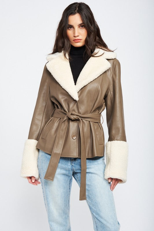 Belted Faux Shearing Trimmed Jacket king-general-store-5710.myshopify.com