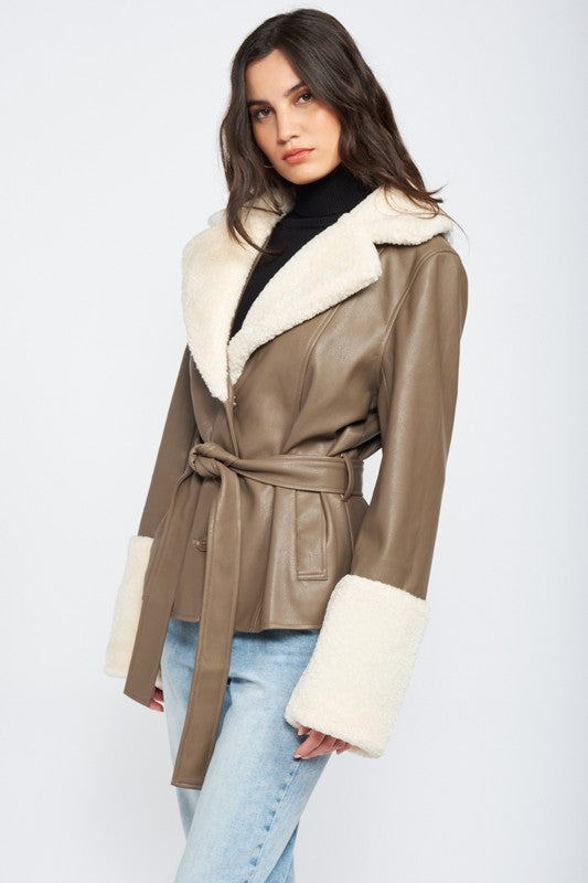 Belted Faux Shearing Trimmed Jacket king-general-store-5710.myshopify.com