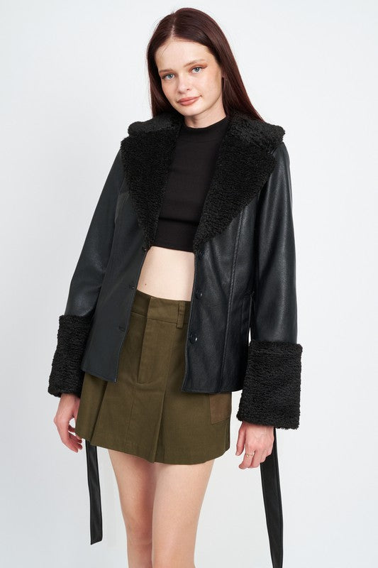 Belted Faux Shearing Trimmed Jacket king-general-store-5710.myshopify.com