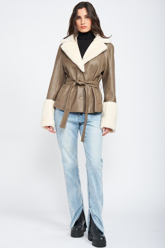 Belted Faux Shearing Trimmed Jacket king-general-store-5710.myshopify.com