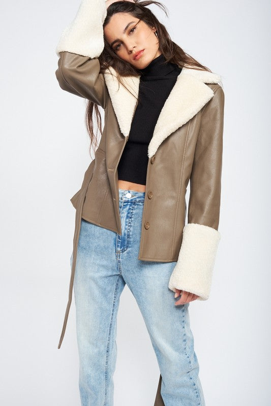 Belted Faux Shearing Trimmed Jacket king-general-store-5710.myshopify.com