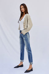 Raw Hem Dark Wash Denim Boyfriend Jeans