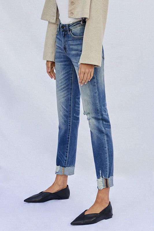 Raw Hem Dark Wash Denim Boyfriend Jeans