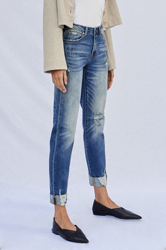 Raw Hem Dark Wash Denim Boyfriend Jeans