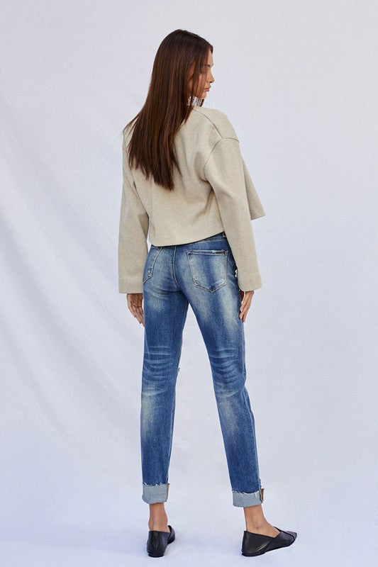 Raw Hem Dark Wash Denim Boyfriend Jeans