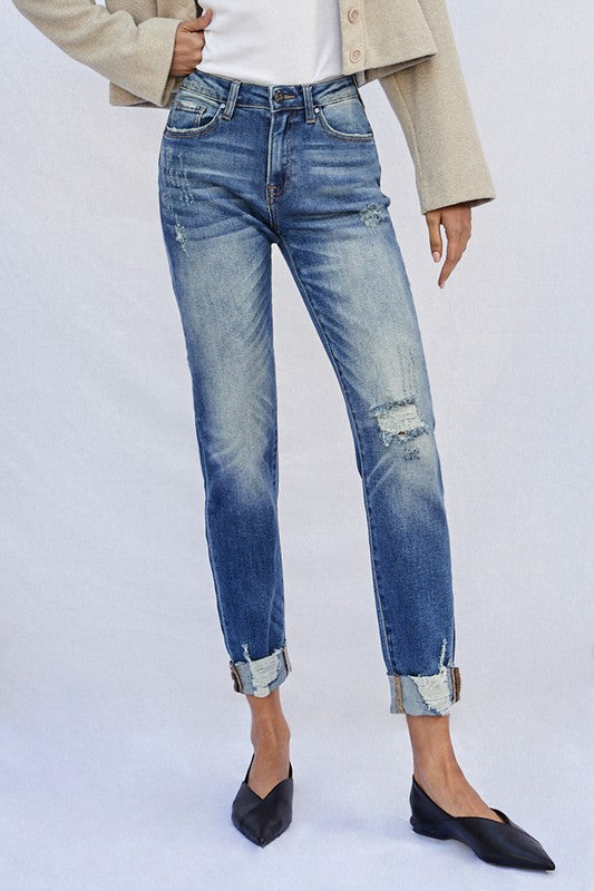 Raw Hem Dark Wash Denim Boyfriend Jeans