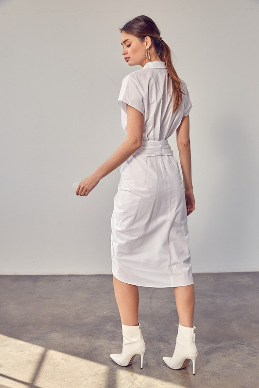 Collar Button Front Tie Midi Dress