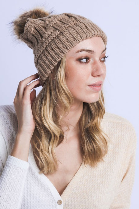 BRAIDED KNITTED FUR POM POM BEANIE king-general-store-5710.myshopify.com