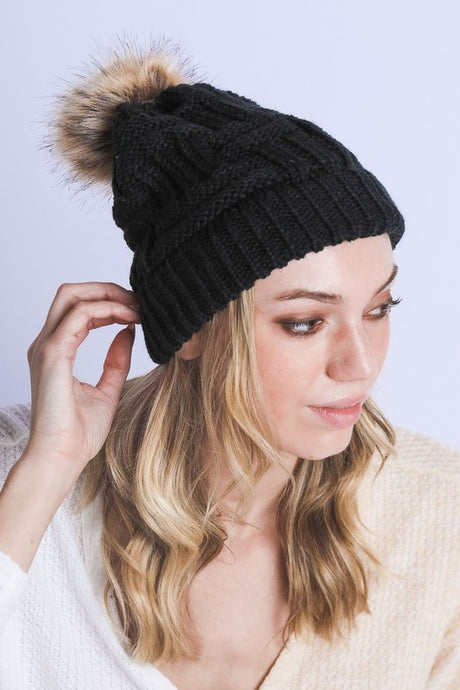 BRAIDED KNITTED FUR POM POM BEANIE king-general-store-5710.myshopify.com