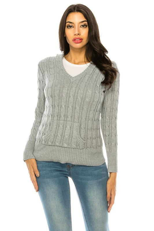 Solid V-Neck Knit Hoodie Sweater