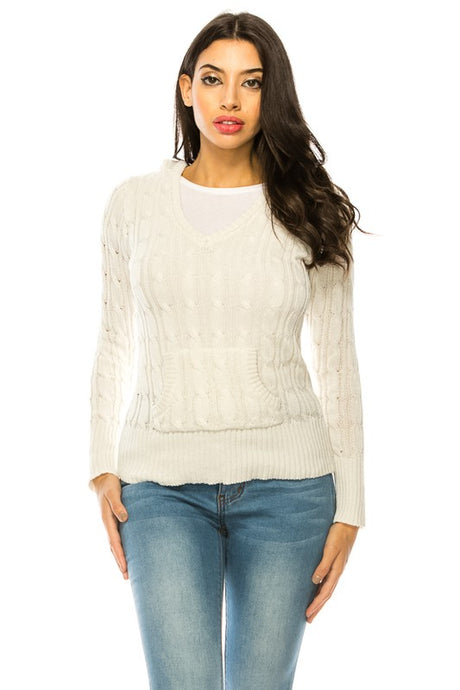 Solid V-Neck Knit Hoodie Sweater