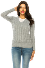 Solid V-Neck Knit Hoodie Sweater