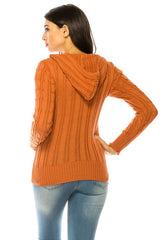 Solid V-Neck Knit Hoodie Sweater