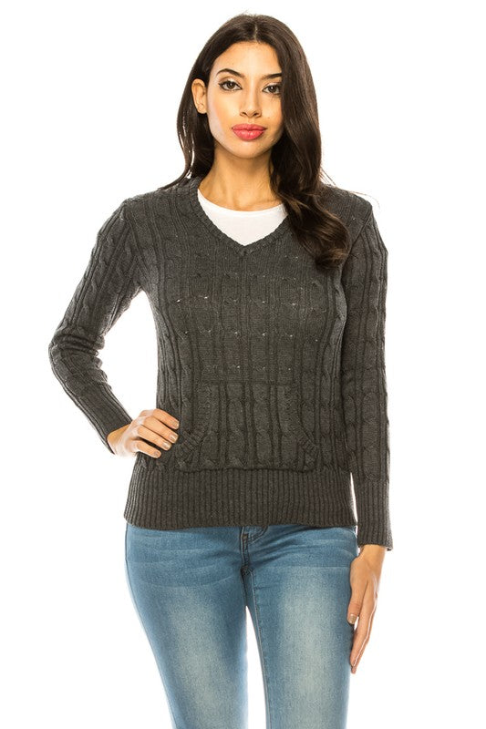 Solid V-Neck Knit Hoodie Sweater