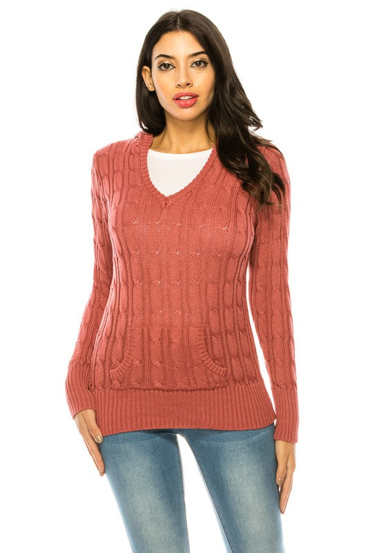 Solid V-Neck Knit Hoodie Sweater