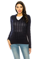 Solid V-Neck Knit Hoodie Sweater