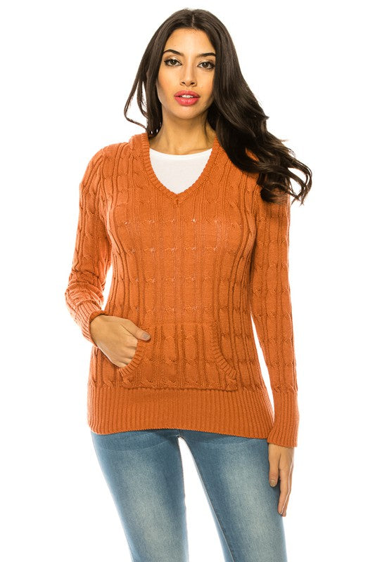 Solid V-Neck Knit Hoodie Sweater