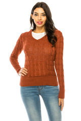 Solid V-Neck Knit Hoodie Sweater