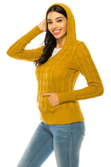 Solid V-Neck Knit Hoodie Sweater