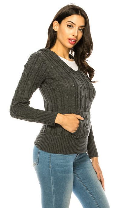 Solid V-Neck Knit Hoodie Sweater